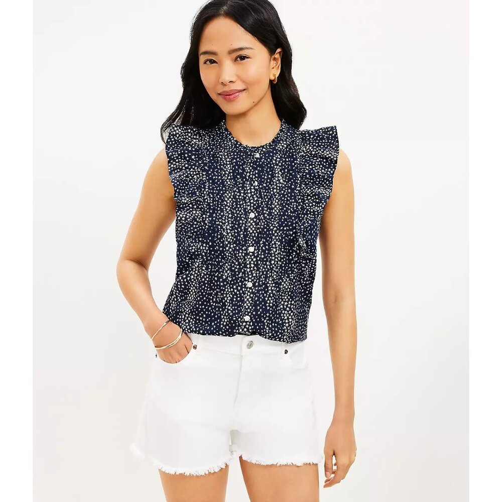 LOFT Sz. XS NWT Star Print Ruffle Bib Button Top Dainty